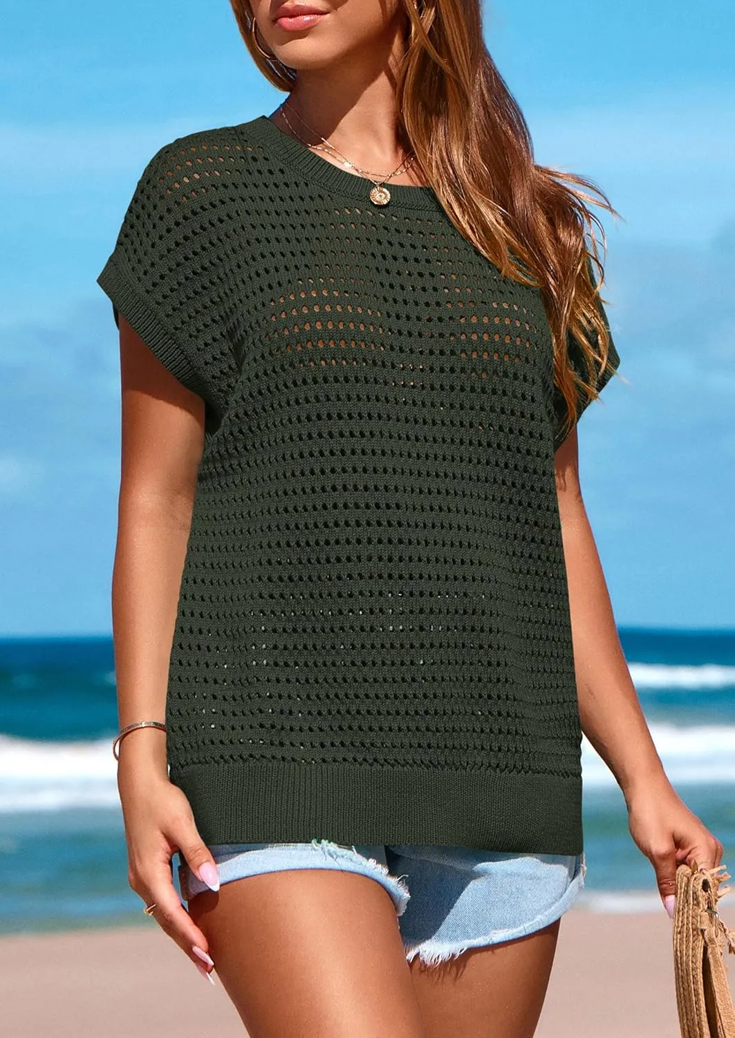 PRETTYGARDEN Womens Spring Tops 2025 Summer Shirts Crochet Cap Sleeve Sweater Pullover Cute Beach Vacation Clothes
