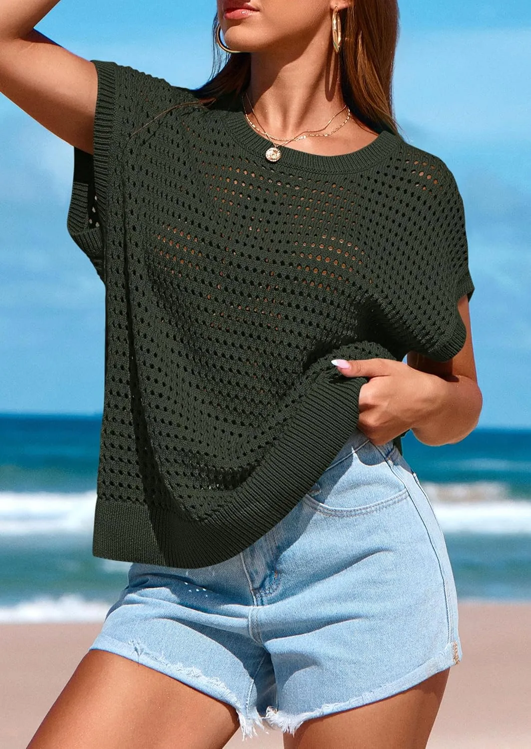 PRETTYGARDEN Womens Spring Tops 2025 Summer Shirts Crochet Cap Sleeve Sweater Pullover Cute Beach Vacation Clothes