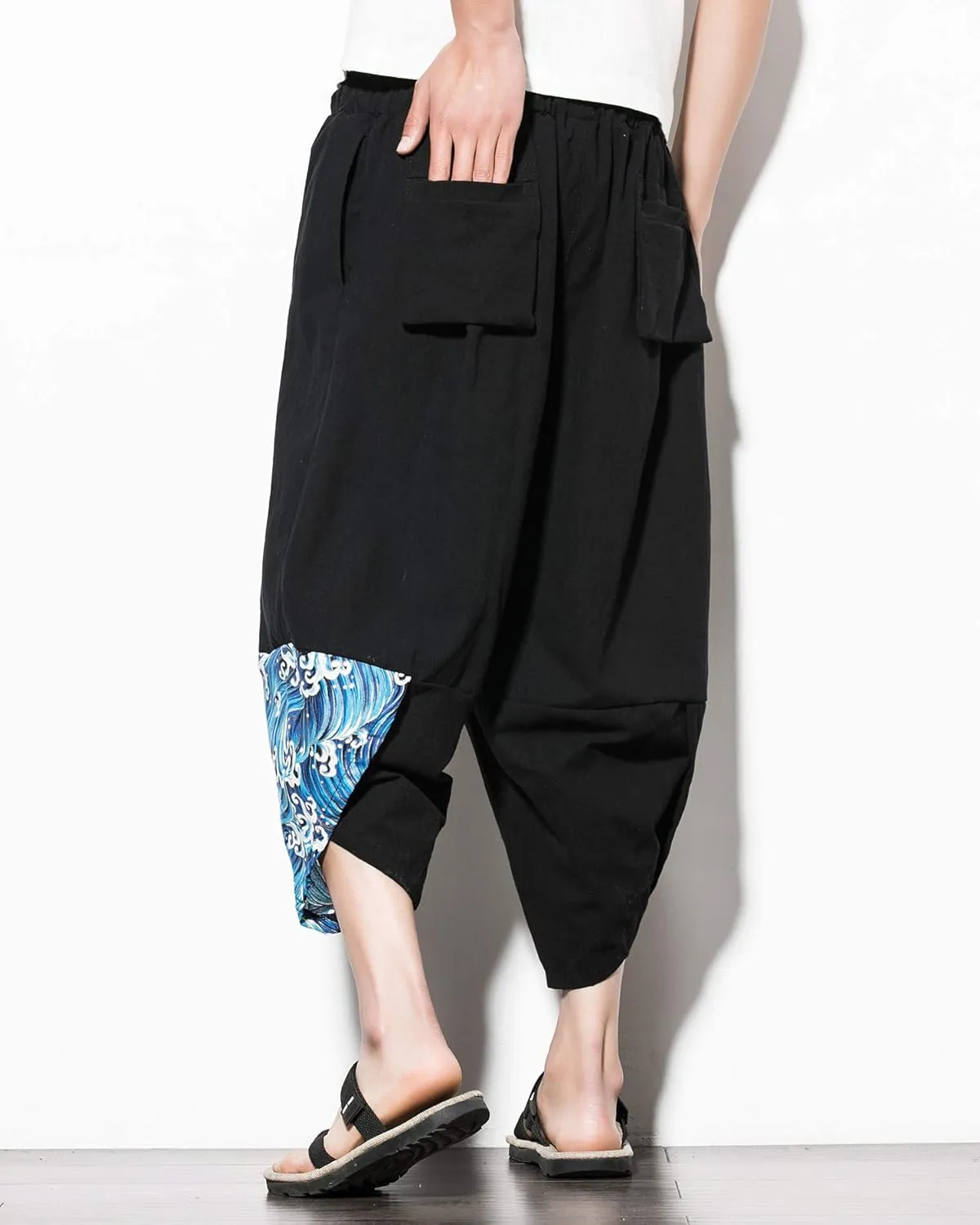 PRIJOUHE Men's Casual Wide Leg Baggy Harem Pant Lightweight Drop Crotch Summer Beach Linen Capri Pants