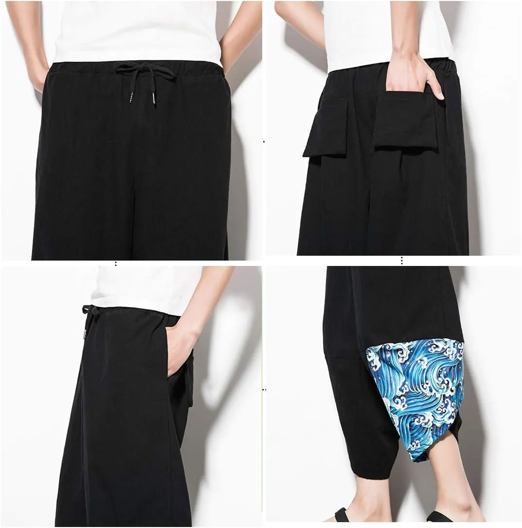 PRIJOUHE Men's Casual Wide Leg Baggy Harem Pant Lightweight Drop Crotch Summer Beach Linen Capri Pants