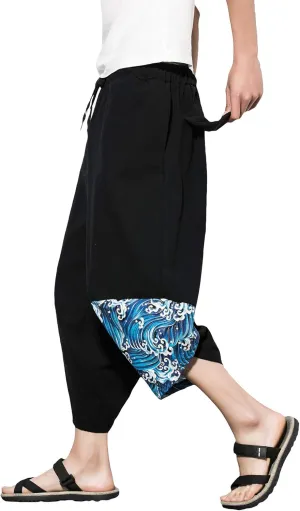 PRIJOUHE Men's Casual Wide Leg Baggy Harem Pant Lightweight Drop Crotch Summer Beach Linen Capri Pants