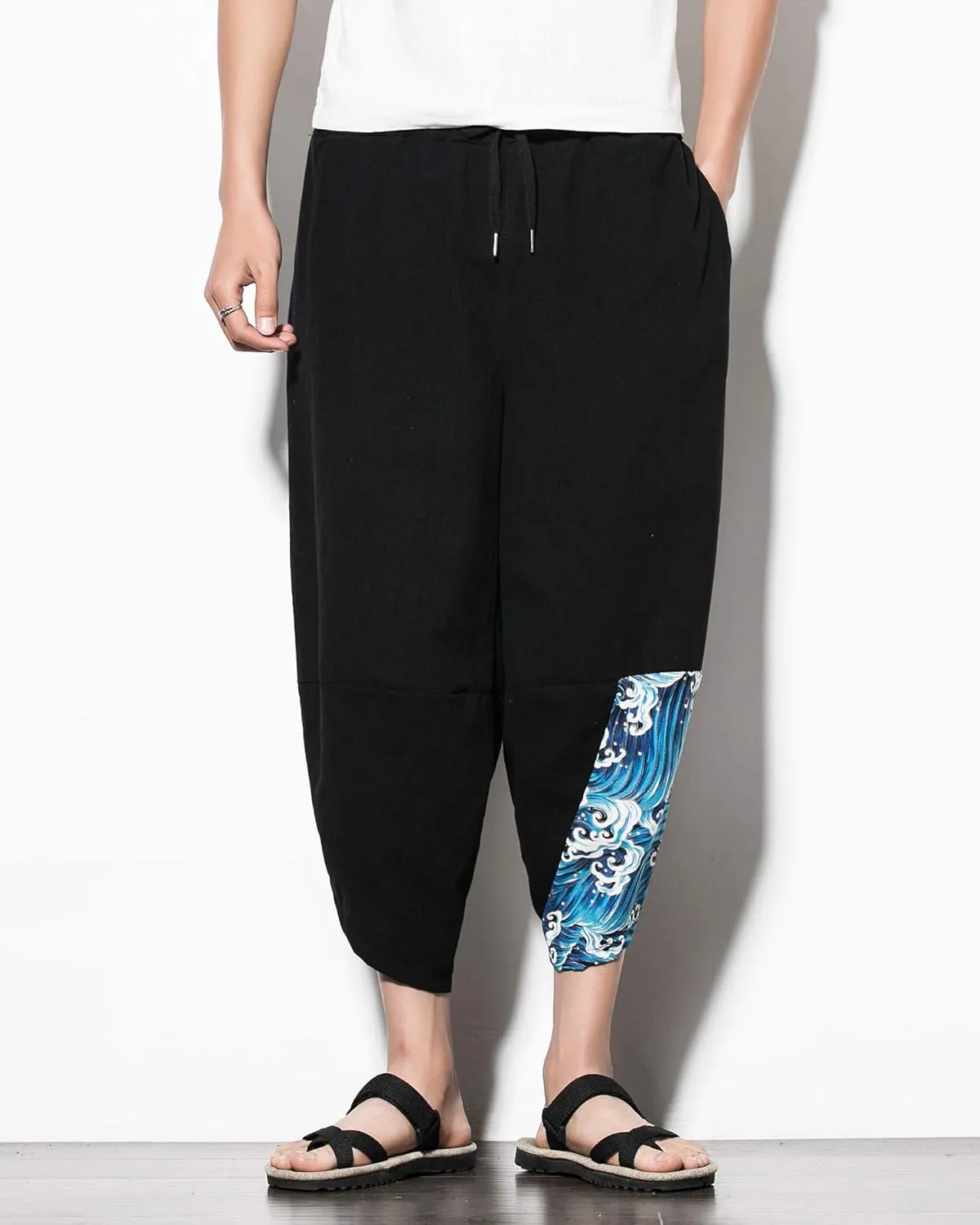PRIJOUHE Men's Casual Wide Leg Baggy Harem Pant Lightweight Drop Crotch Summer Beach Linen Capri Pants