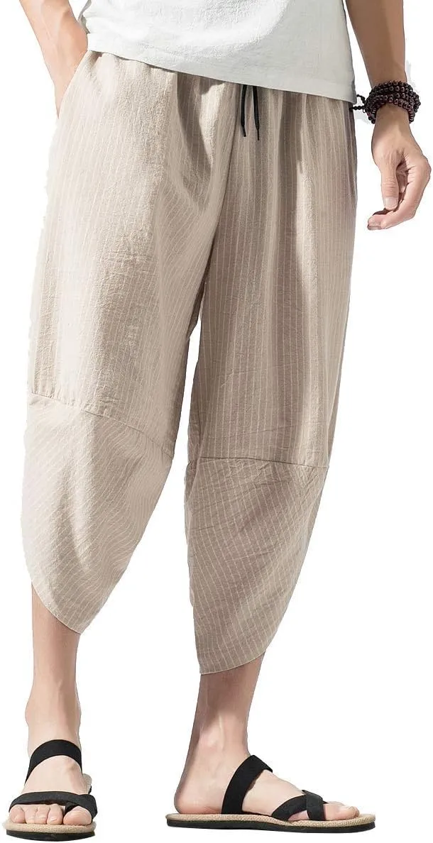 PRIJOUHE Men's Harem Capri Pants, Wide Leg Mens Capris, Summer Linen Pants