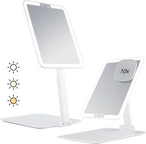 Rechargeable Travel Makeup Mirror with Lights and Magnification 10X, Foldable Stand with Adjustable Height & Angle, 3 Light Colors & Stepless Dimming LED Lighted Vanity Mirror (White)