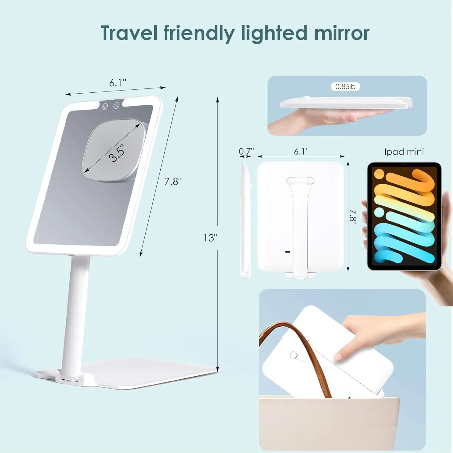 Rechargeable Travel Makeup Mirror with Lights and Magnification 10X, Foldable Stand with Adjustable Height & Angle, 3 Light Colors & Stepless Dimming LED Lighted Vanity Mirror (White)