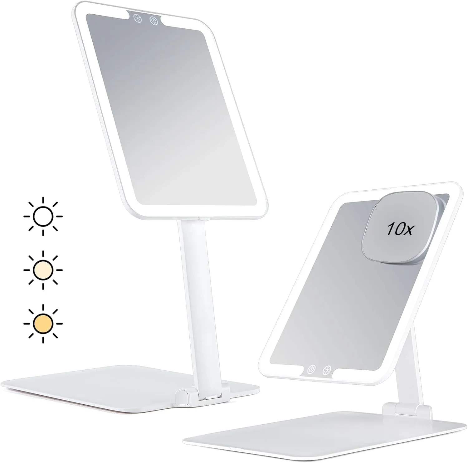 Rechargeable Travel Makeup Mirror with Lights and Magnification 10X, Foldable Stand with Adjustable Height & Angle, 3 Light Colors & Stepless Dimming LED Lighted Vanity Mirror (White)