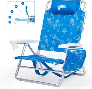 Reclining Beach Chair Backpack 5-Position Lay Flat Lounge Chair for Adults Heavy Duty Portable Folding Lightweight with Cooler Bag Camping Chair for Sand Outdoor