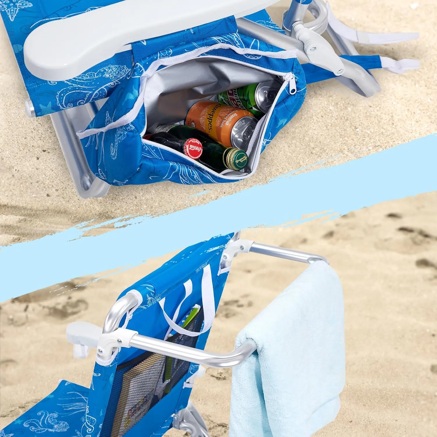 Reclining Beach Chair Backpack 5-Position Lay Flat Lounge Chair for Adults Heavy Duty Portable Folding Lightweight with Cooler Bag Camping Chair for Sand Outdoor
