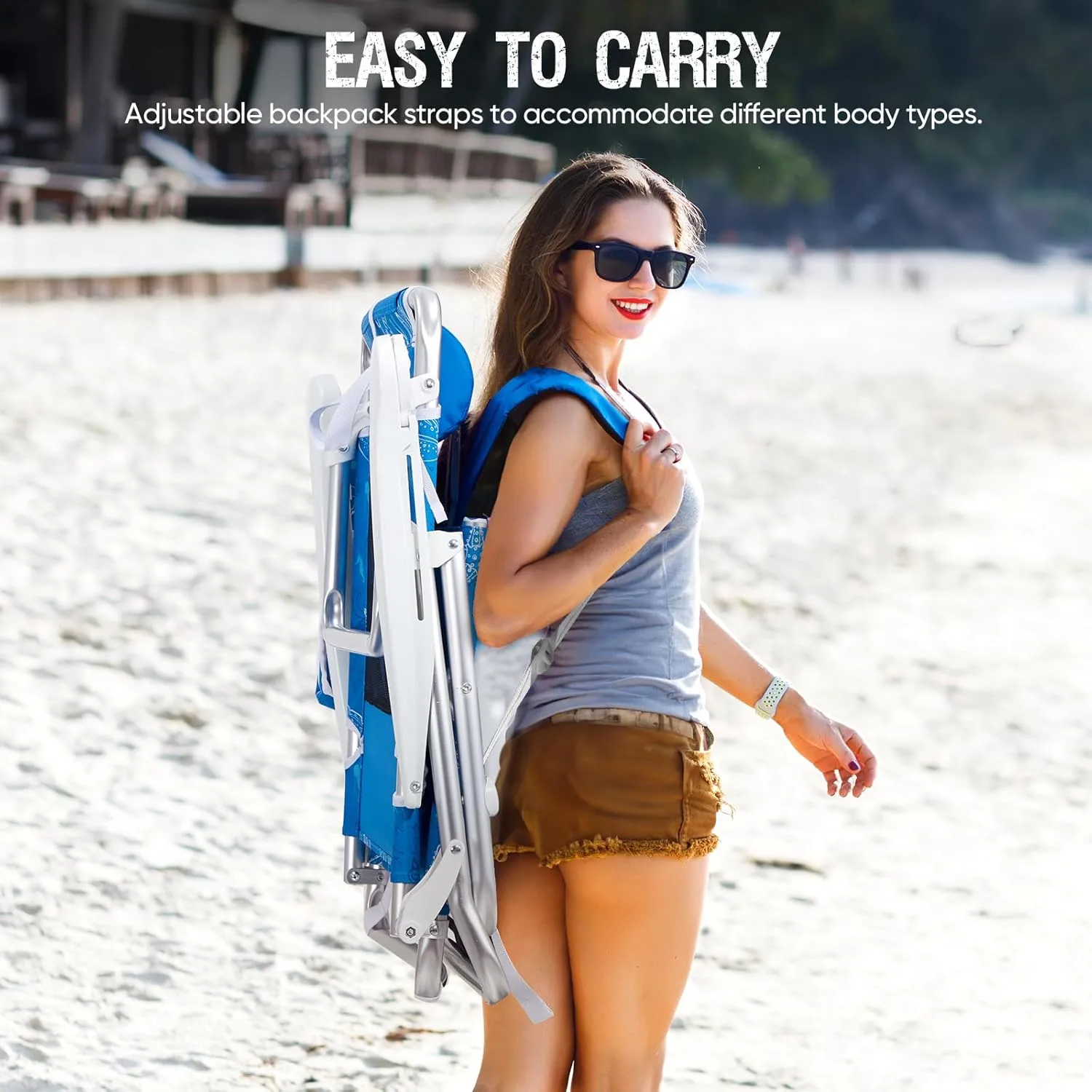Reclining Beach Chair Backpack 5-Position Lay Flat Lounge Chair for Adults Heavy Duty Portable Folding Lightweight with Cooler Bag Camping Chair for Sand Outdoor