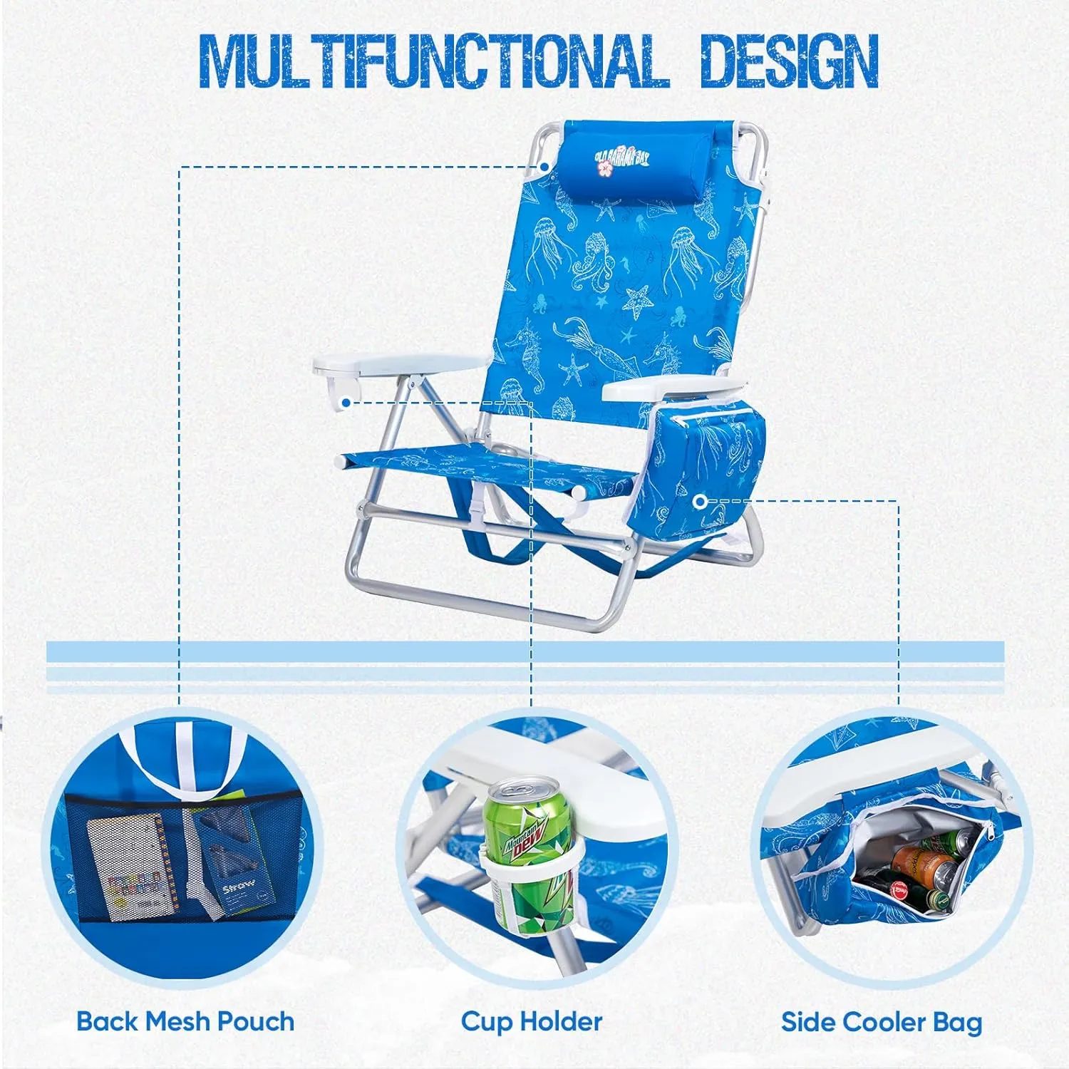 Reclining Beach Chair Backpack 5-Position Lay Flat Lounge Chair for Adults Heavy Duty Portable Folding Lightweight with Cooler Bag Camping Chair for Sand Outdoor