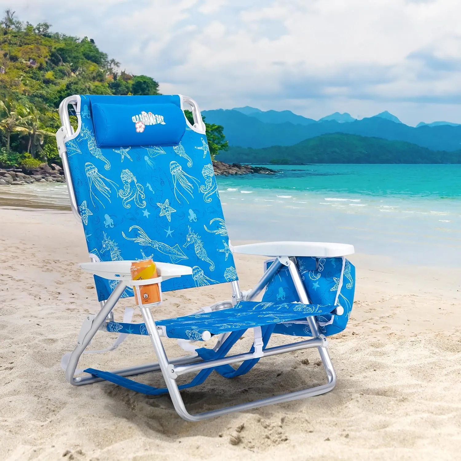 Reclining Beach Chair Backpack 5-Position Lay Flat Lounge Chair for Adults Heavy Duty Portable Folding Lightweight with Cooler Bag Camping Chair for Sand Outdoor