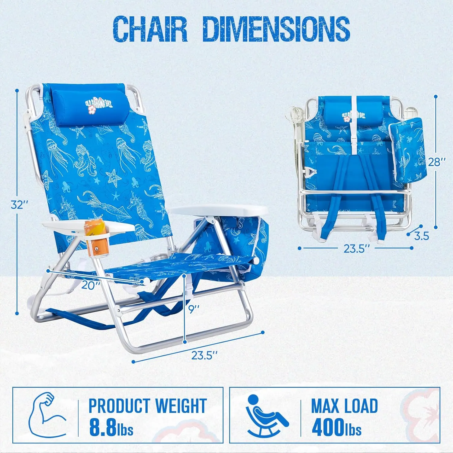 Reclining Beach Chair Backpack 5-Position Lay Flat Lounge Chair for Adults Heavy Duty Portable Folding Lightweight with Cooler Bag Camping Chair for Sand Outdoor