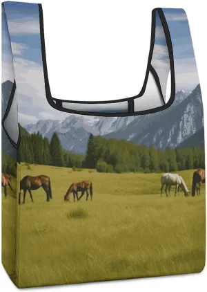 Reusable Grocery Bags Shopping Tote Bags Tote Bag Mountain Pasture Grazing Horses Printed Shopping Bags Groceries Tote Bag For Groceries Shopping 16.5 X 15.4 In