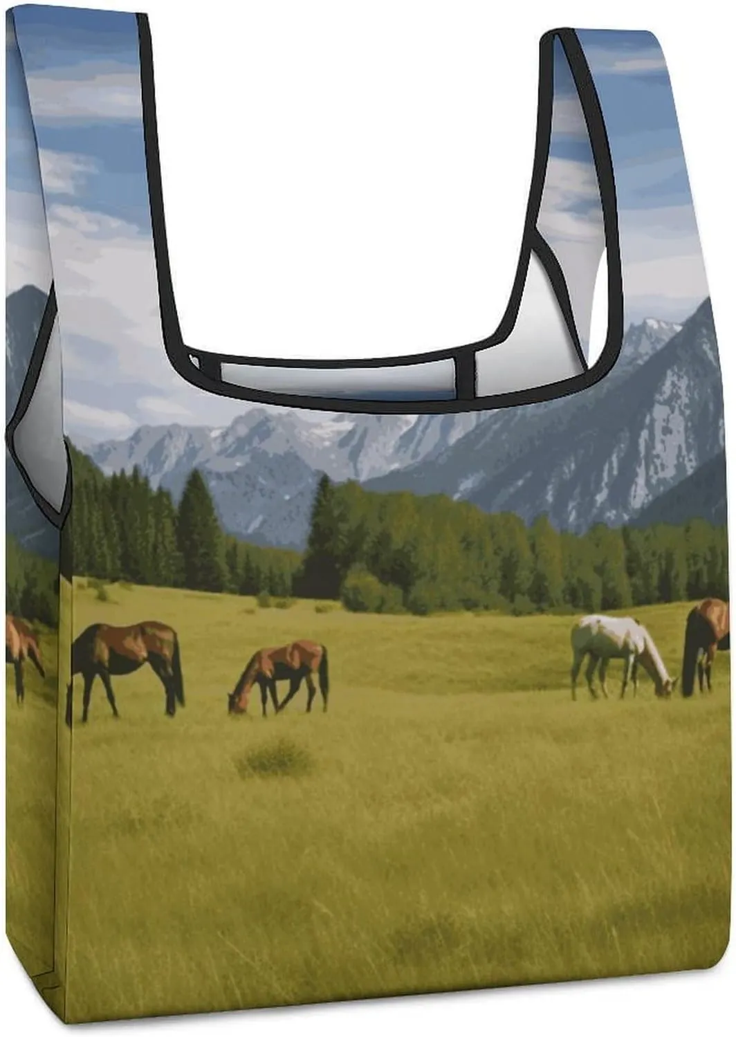 Reusable Grocery Bags Shopping Tote Bags Tote Bag Mountain Pasture Grazing Horses Printed Shopping Bags Groceries Tote Bag For Groceries Shopping 16.5 X 15.4 In