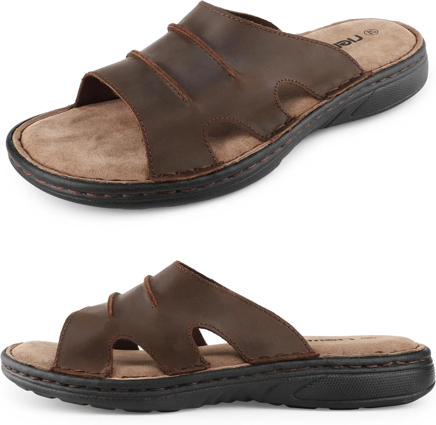 riemot Men's Leather Sandals Outdoor Walking Cushioning Arch Support Sandals Casual Lightweight Non-slip Summer Slides Shoes US 9-14