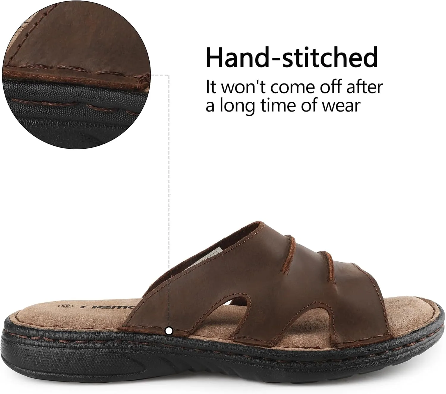riemot Men's Leather Sandals Outdoor Walking Cushioning Arch Support Sandals Casual Lightweight Non-slip Summer Slides Shoes US 9-14