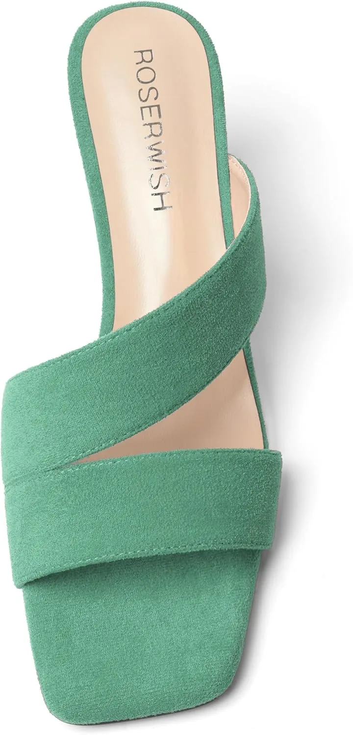 ROSERWISH Womens Fahion Dating Suede Slip On Open Toe Dress Chunky Low Heel Heeled Sandals 2 Inch