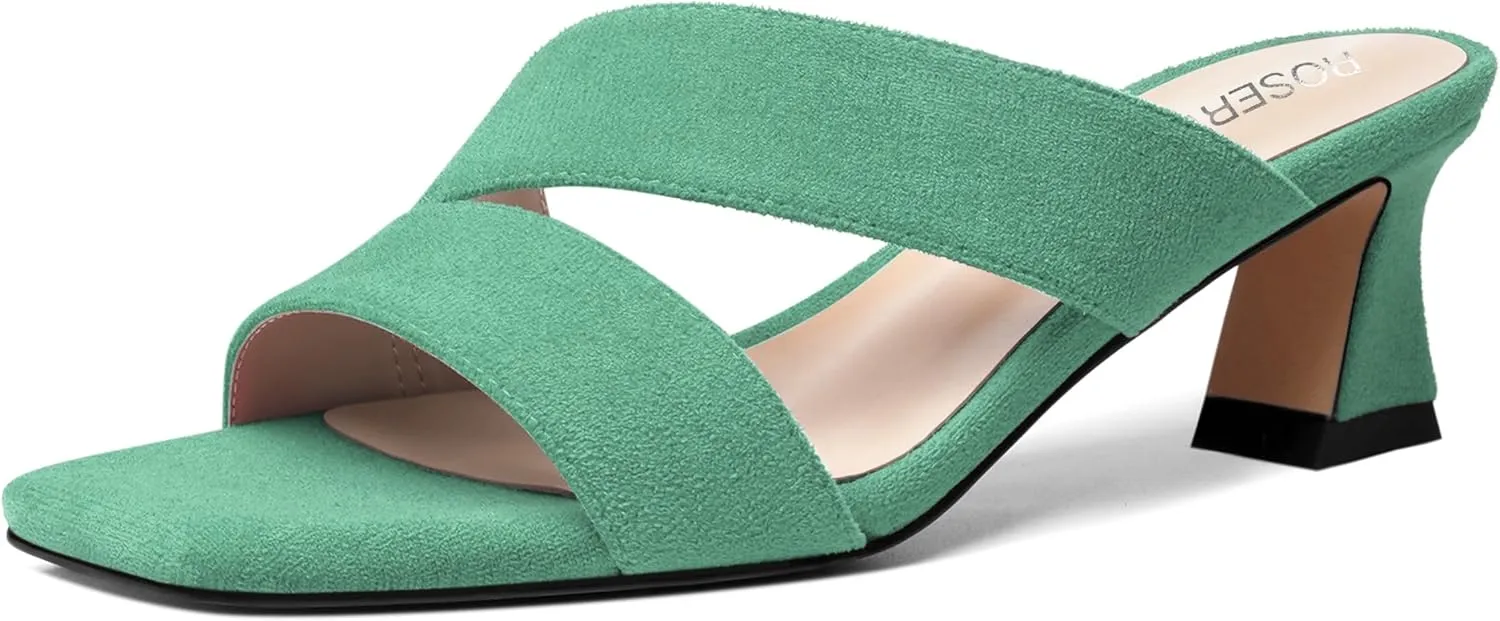 ROSERWISH Womens Fahion Dating Suede Slip On Open Toe Dress Chunky Low Heel Heeled Sandals 2 Inch