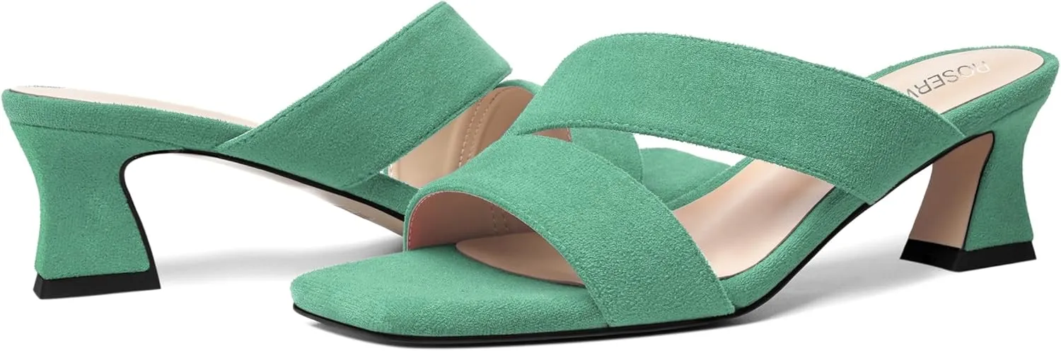 ROSERWISH Womens Fahion Dating Suede Slip On Open Toe Dress Chunky Low Heel Heeled Sandals 2 Inch