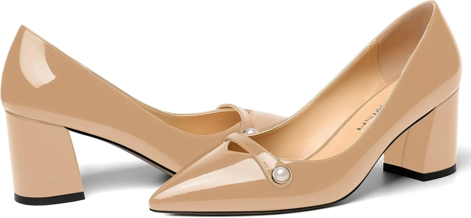 ROSERWISH Womens Patent Party Pointed Toe Slip On Fashion Casual Block Mid Heel Pumps Dress Shoes 2.5 Inch