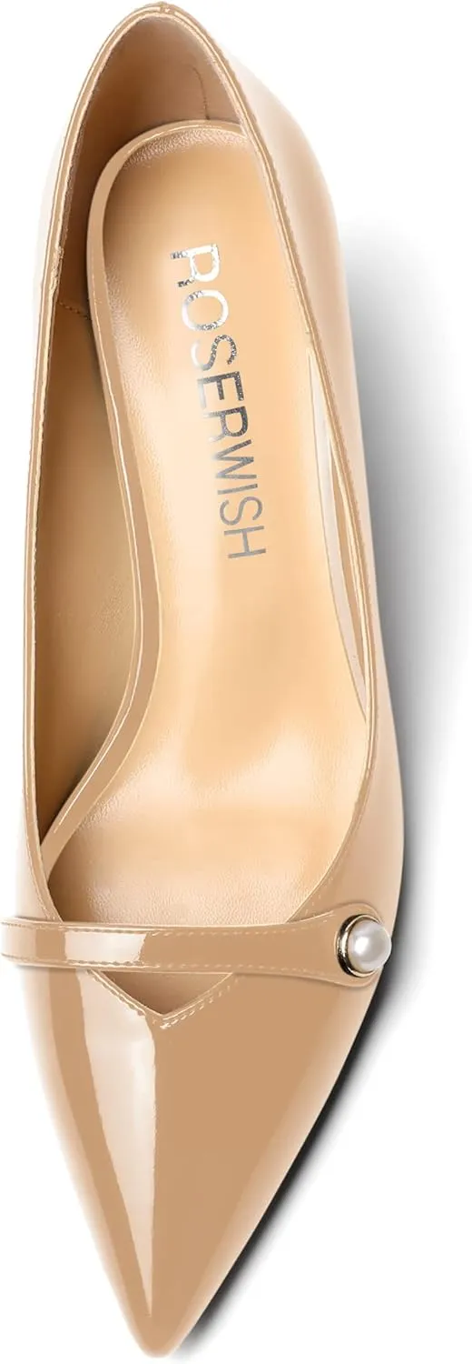 ROSERWISH Womens Patent Party Pointed Toe Slip On Fashion Casual Block Mid Heel Pumps Dress Shoes 2.5 Inch