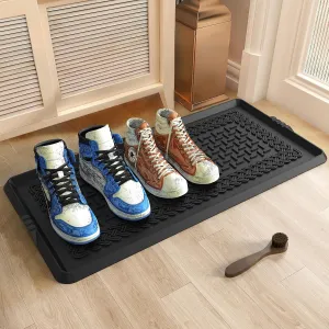Rubber Shoe Mat, Non Slip Shoe Matt Tray for Entryway, Multipurpose Boot Mat Tray for Front Door with Shoe Brush, 16x27.5 Inches, Black, L-XH029