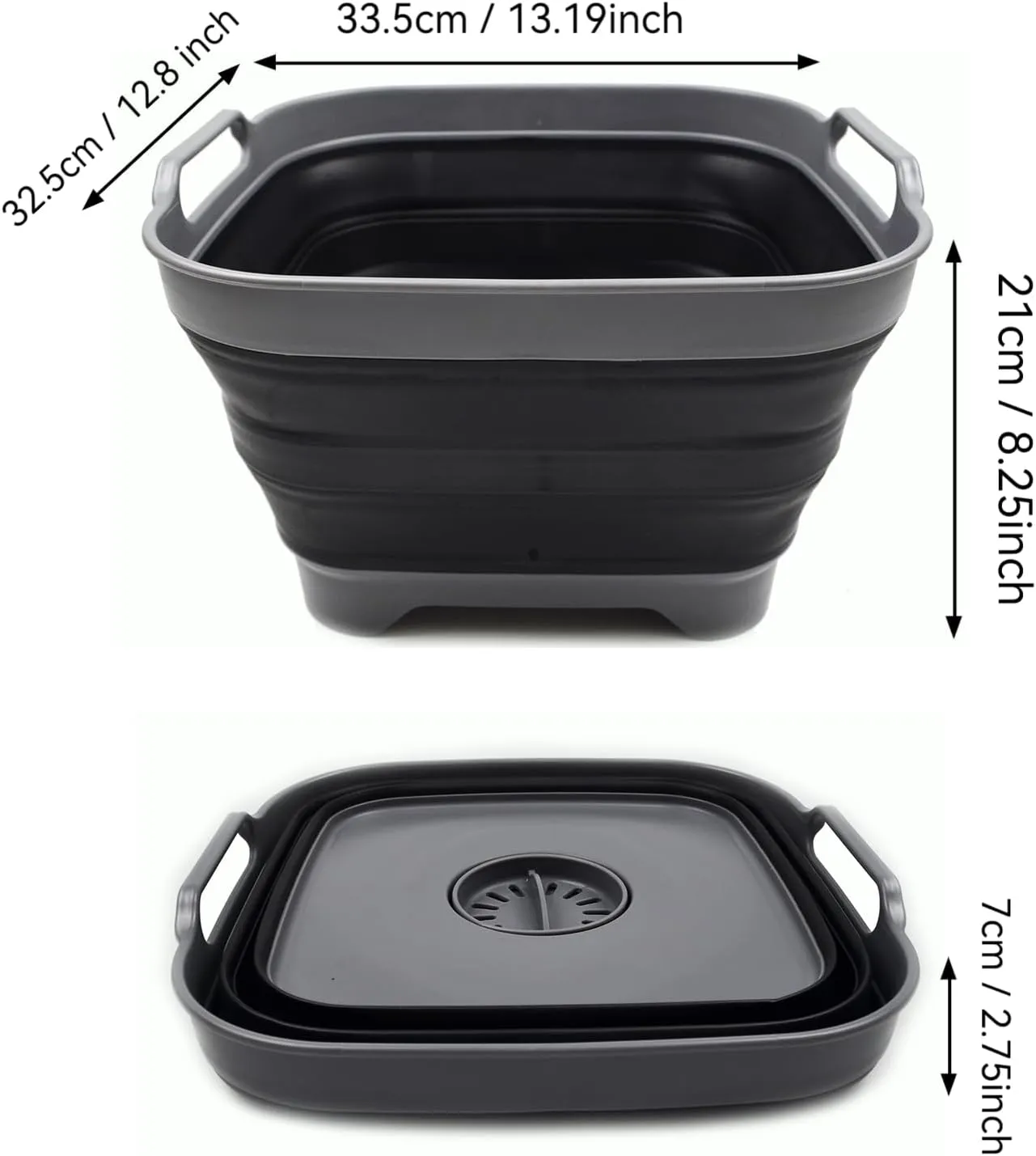 SAMMART 10L (2.64 Gallon) Collapsible Dishpan with Draining Plug - Foldable Washing Basin - Portable Dish Washing Tub - Space Saving Kitchen Storage Tray (1, Grey/Black)