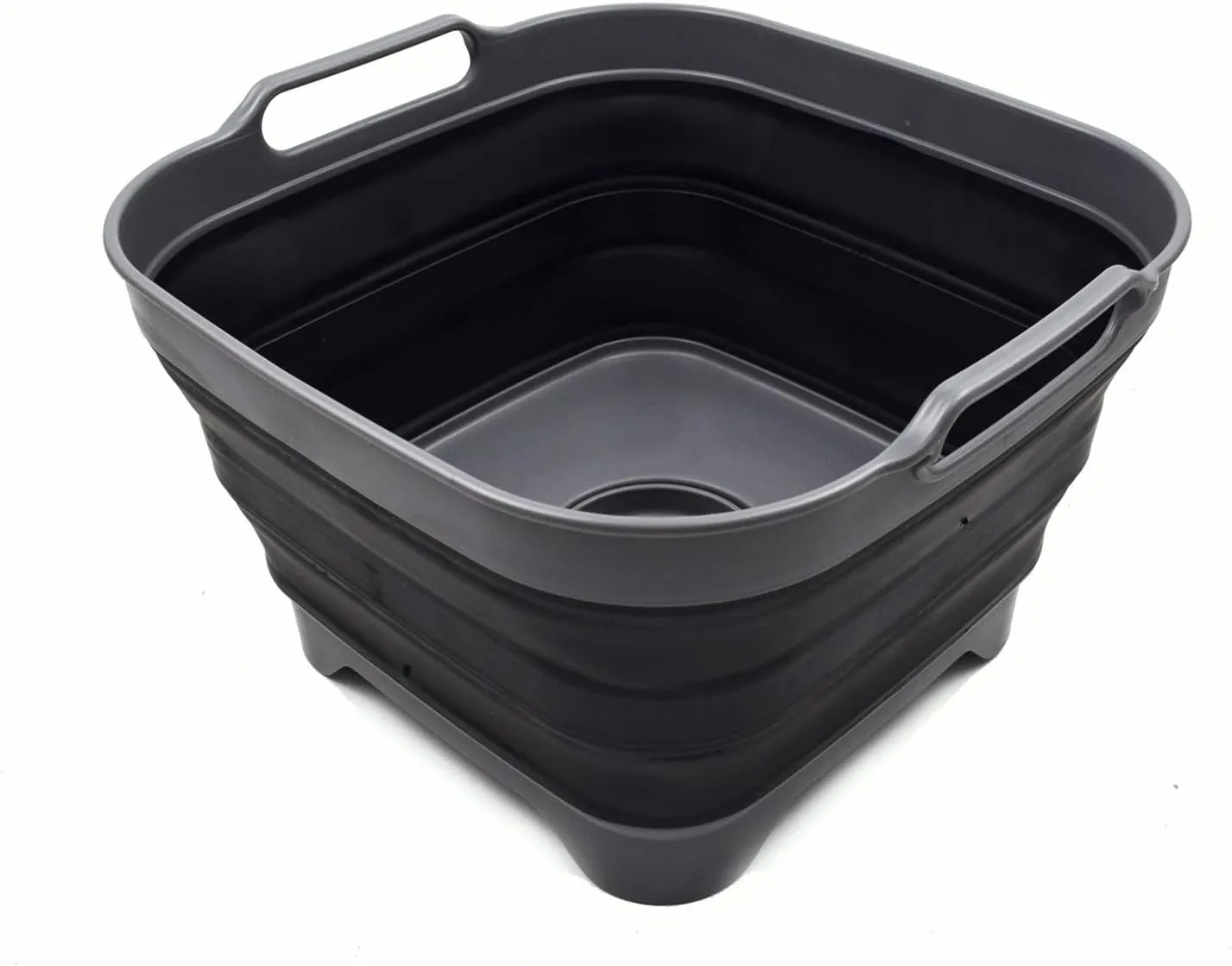 SAMMART 10L (2.64 Gallon) Collapsible Dishpan with Draining Plug - Foldable Washing Basin - Portable Dish Washing Tub - Space Saving Kitchen Storage Tray (1, Grey/Black)