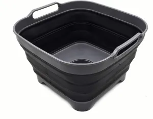SAMMART 10L (2.64 Gallon) Collapsible Dishpan with Draining Plug - Foldable Washing Basin - Portable Dish Washing Tub - Space Saving Kitchen Storage Tray (1, Grey/Black)