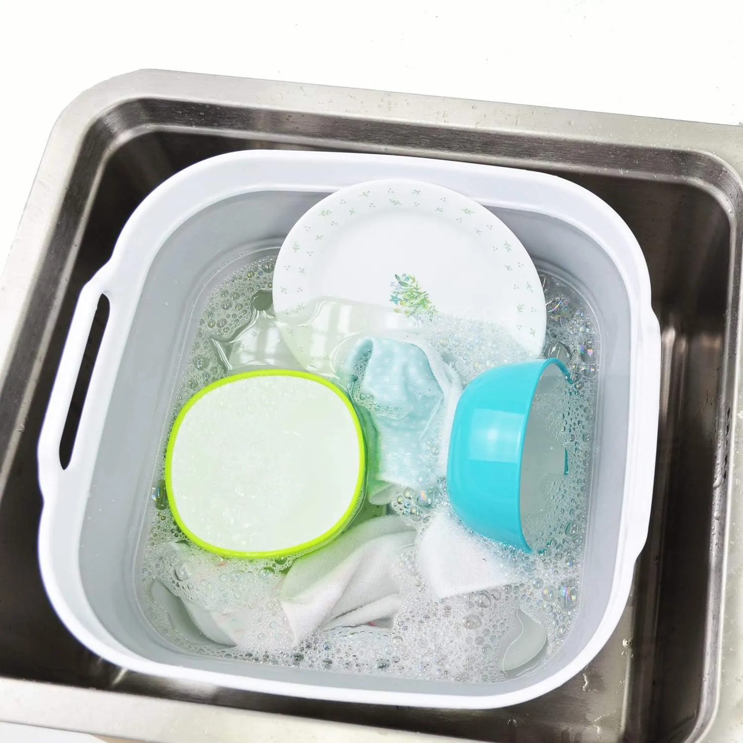 SAMMART 10L (2.64 Gallon) Collapsible Dishpan with Draining Plug - Foldable Washing Basin - Portable Dish Washing Tub - Space Saving Kitchen Storage Tray (1, White/Grey)