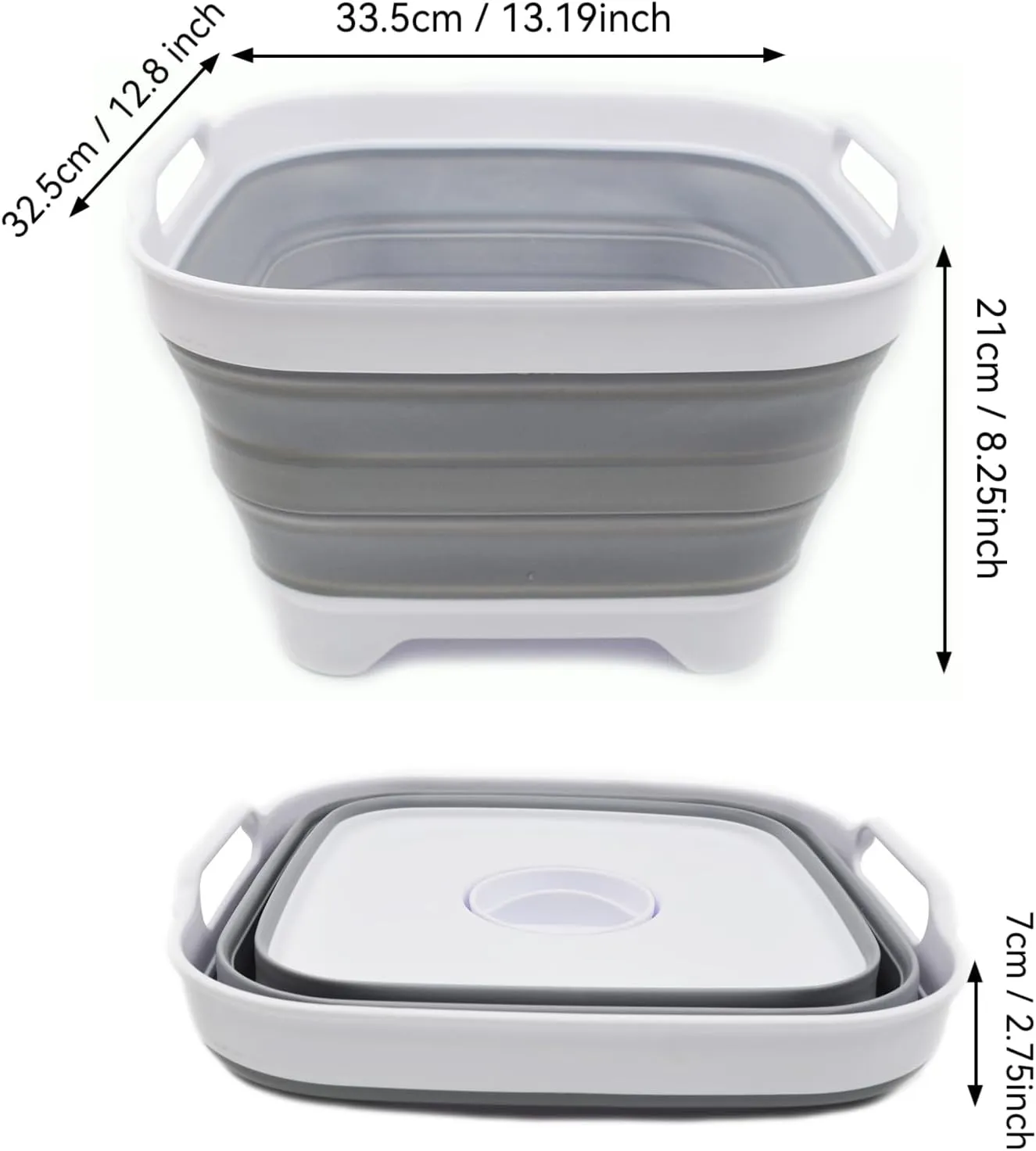 SAMMART 10L (2.64 Gallon) Collapsible Dishpan with Draining Plug - Foldable Washing Basin - Portable Dish Washing Tub - Space Saving Kitchen Storage Tray (1, White/Grey)