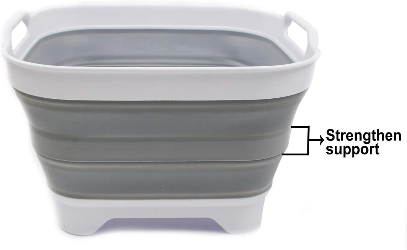 SAMMART 10L (2.64 Gallon) Collapsible Dishpan with Draining Plug - Foldable Washing Basin - Portable Dish Washing Tub - Space Saving Kitchen Storage Tray (1, White/Grey)