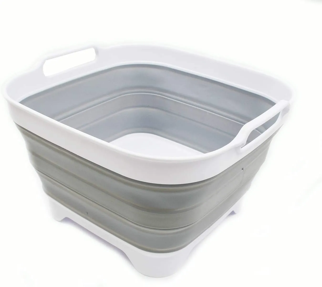 SAMMART 10L (2.64 Gallon) Collapsible Dishpan with Draining Plug - Foldable Washing Basin - Portable Dish Washing Tub - Space Saving Kitchen Storage Tray (1, White/Grey)