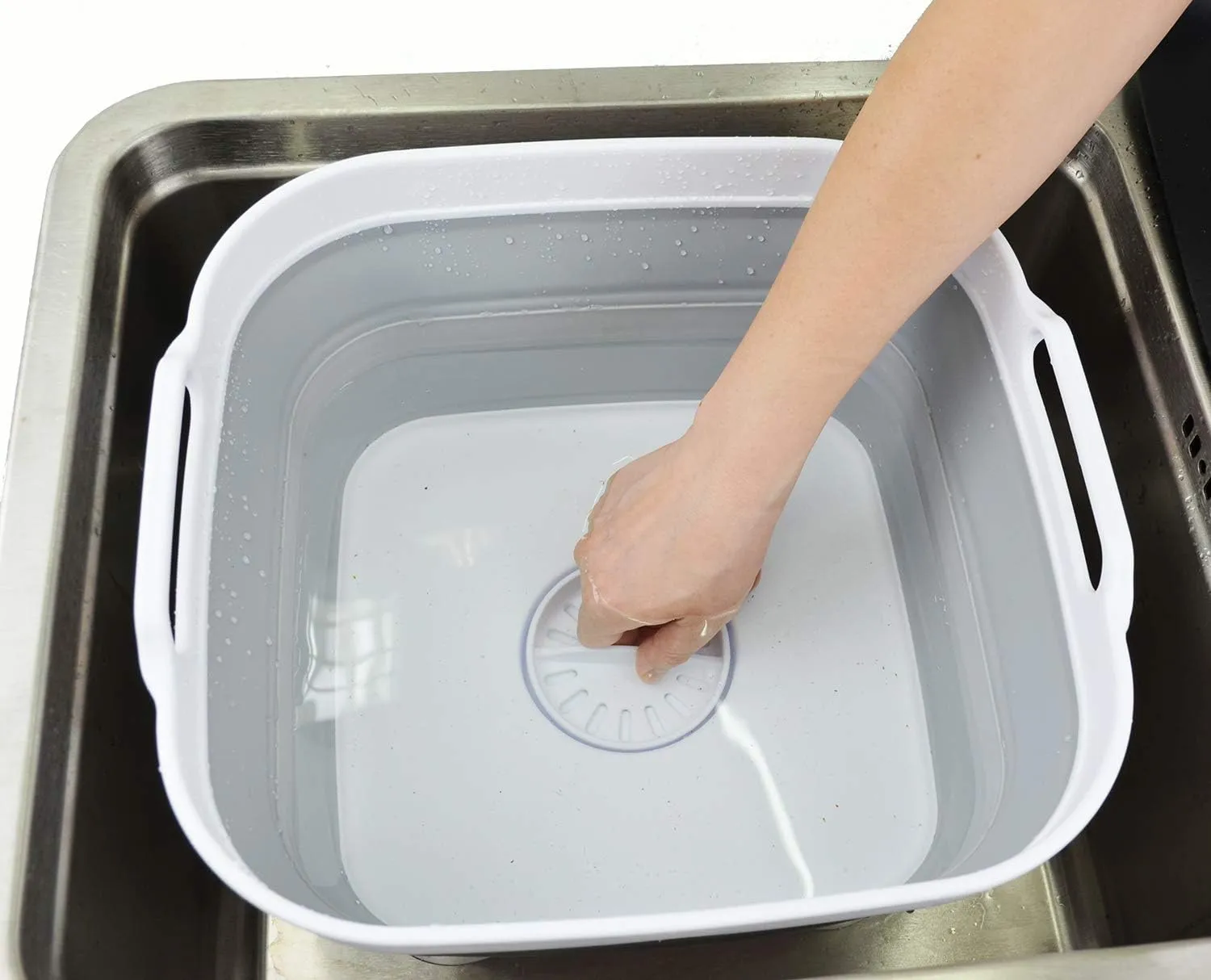 SAMMART 10L (2.64 Gallon) Collapsible Dishpan with Draining Plug - Foldable Washing Basin - Portable Dish Washing Tub - Space Saving Kitchen Storage Tray (1, White/Grey)