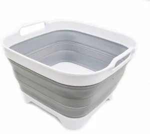 SAMMART 10L (2.64 Gallon) Collapsible Dishpan with Draining Plug - Foldable Washing Basin - Portable Dish Washing Tub - Space Saving Kitchen Storage Tray (1, White/Grey)