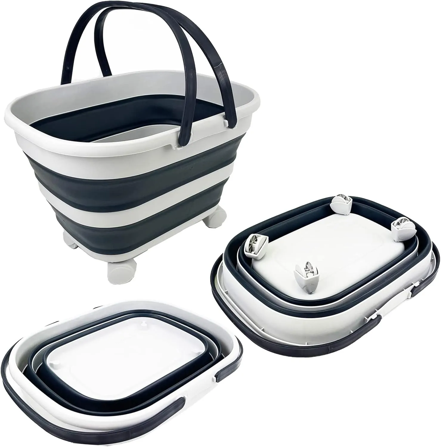 SAMMART 17L(4.5 Gallon) Collapsible Basket with Handle-Portable Outdoor Picnic Basket/Crate with 360˚ Rotating Wheels-Foldable Shopping Bag-Space Saving Storage Container (Grey/Slate Grey)