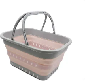 SAMMART 19L (5 Gallon) Collapsible Tub with Handle - Portable Outdoor Picnic Basket/Crater - Foldable Shopping Bag - Space Saving Storage Container (1, Grey/Pink)