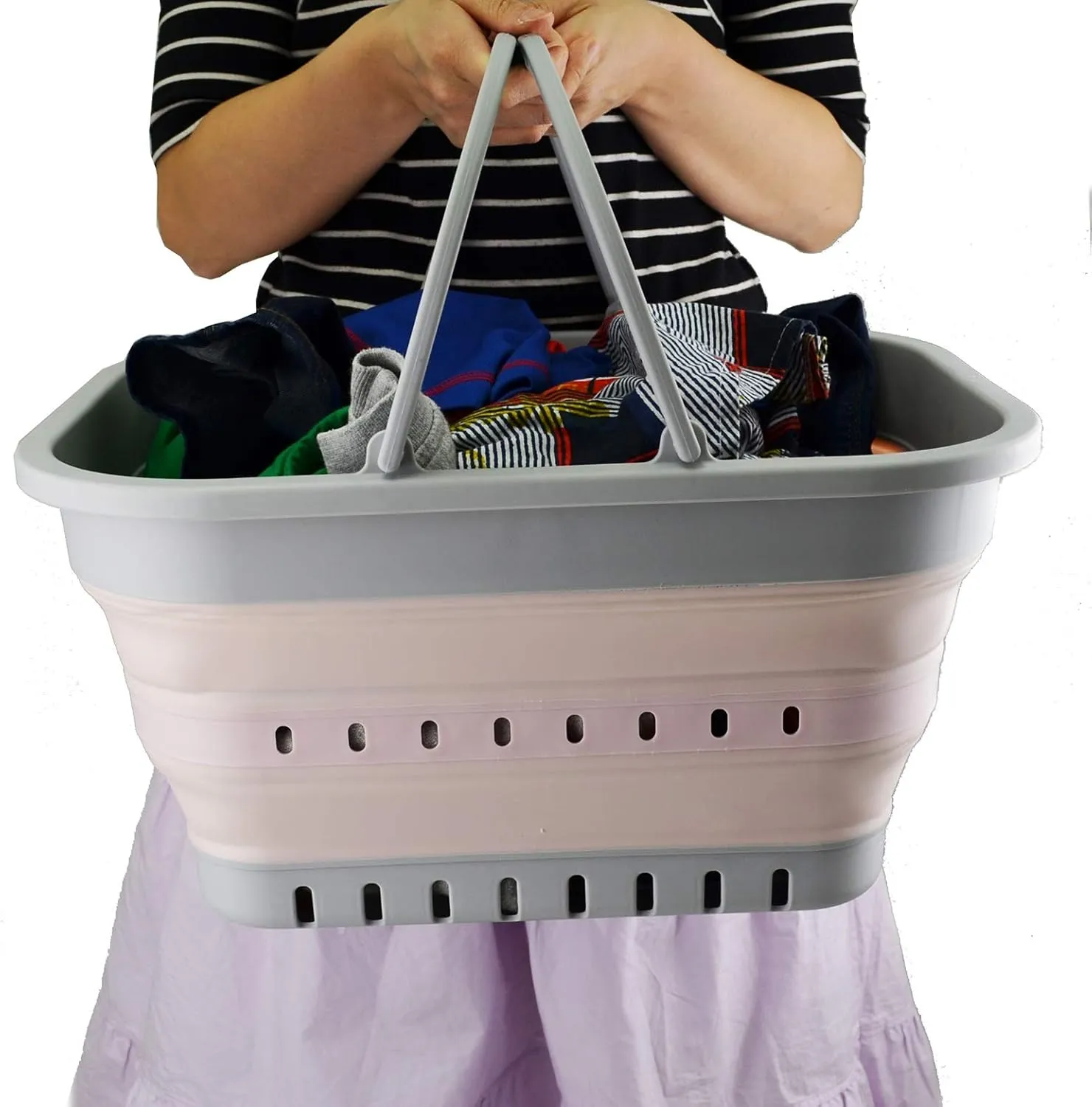 SAMMART 19L (5 Gallon) Collapsible Tub with Handle - Portable Outdoor Picnic Basket/Crater - Foldable Shopping Bag - Space Saving Storage Container (1, Grey/Pink)