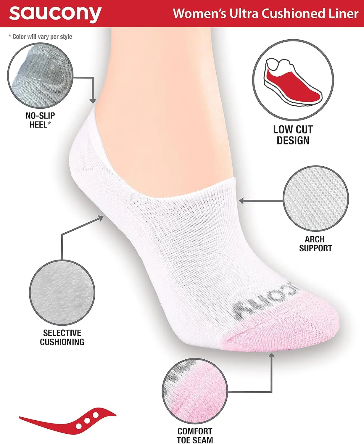 Saucony Women's No Show Cushioned Invisible Liner Socks, Available in S-L (8, 16 Pairs)