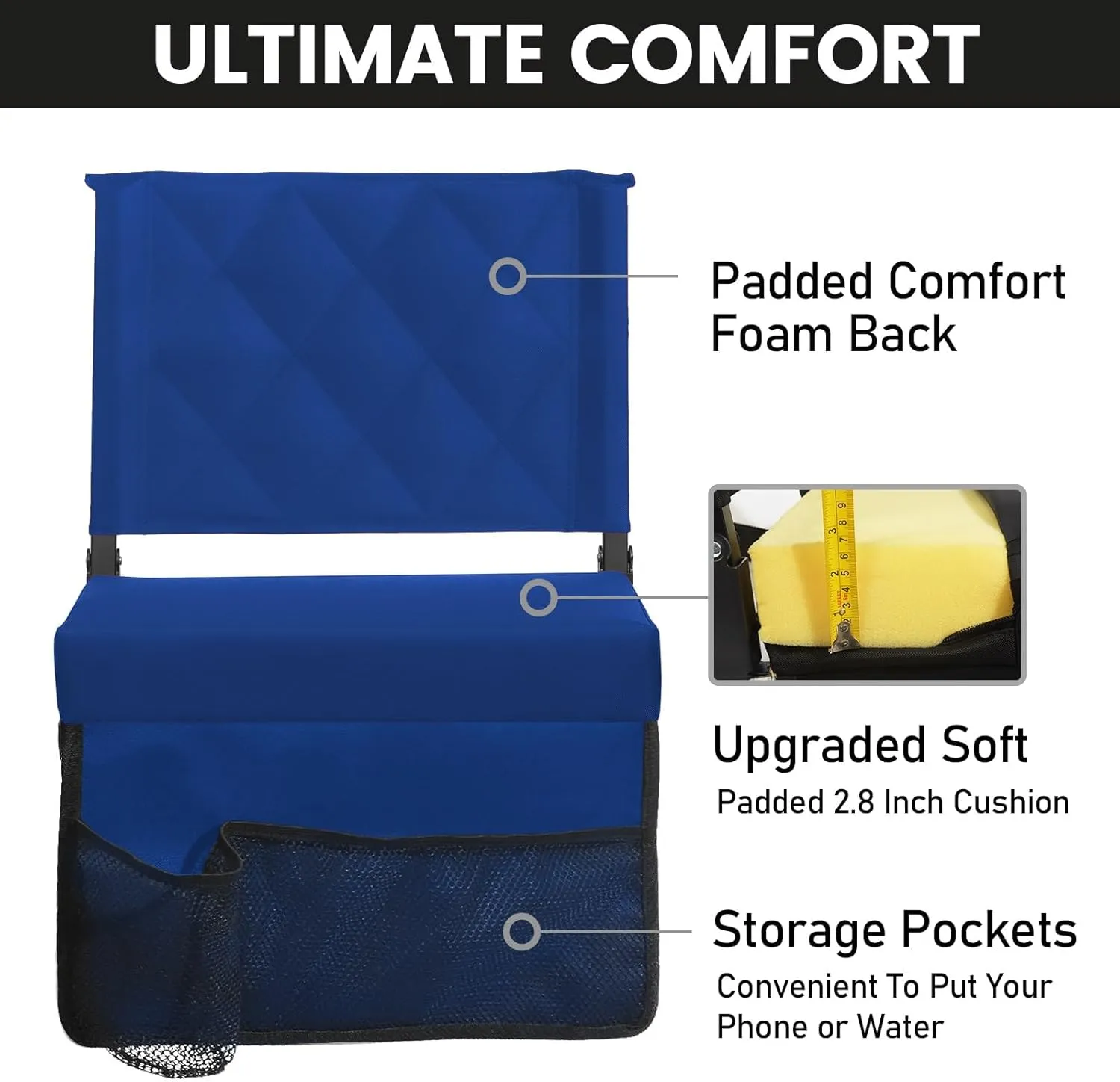 Sheenive Stadium Seats for Bleachers with Back Support, Bleacher Seats with Backs and Cushion Wide, Padded Portable Folding Comfort Stadium Chair with Shoulder Strap, Perfect for Sports Events, Blue