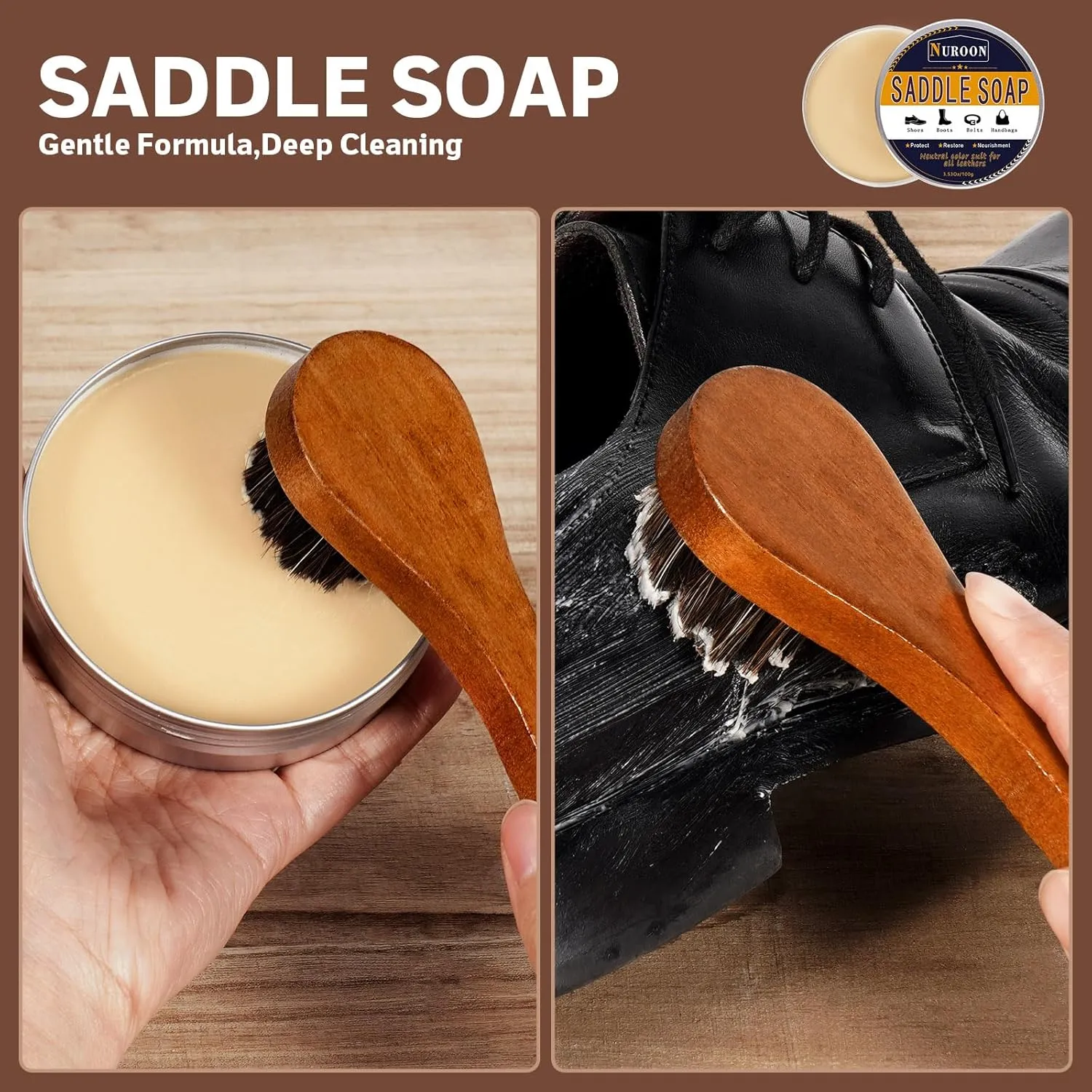 Shoe Polish Kit, 3.5oz Saddle Soap for Leather Cleaning,3.5oz Mink Oil for Boots Polish,3 Horsehair Brushes