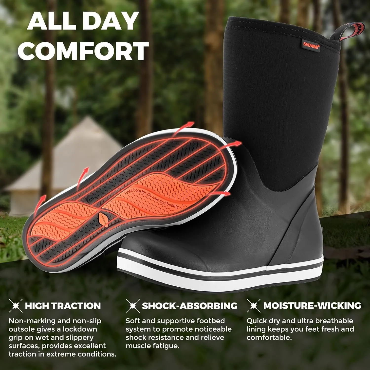 Showave Women's Deck Boots Mid Calf Rain Boots Waterproof Non-slip Insulated Rubber Boots Durable Mud Boots for Cold Day