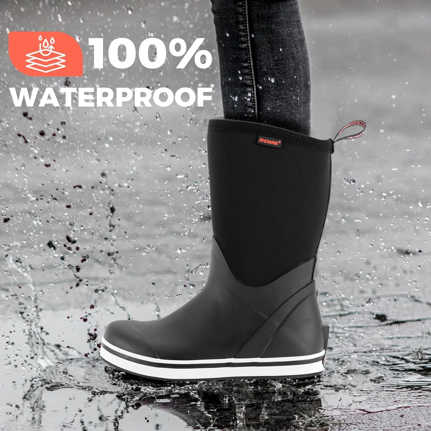 Showave Women's Deck Boots Mid Calf Rain Boots Waterproof Non-slip Insulated Rubber Boots Durable Mud Boots for Cold Day