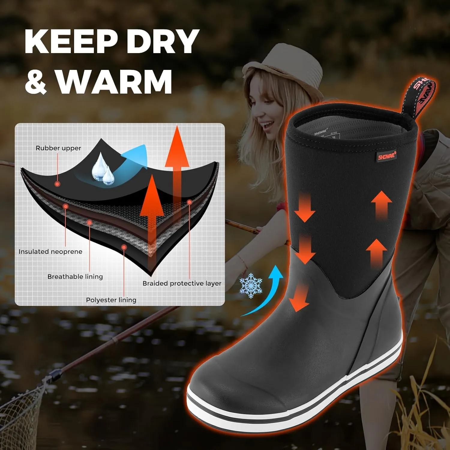Showave Women's Deck Boots Mid Calf Rain Boots Waterproof Non-slip Insulated Rubber Boots Durable Mud Boots for Cold Day