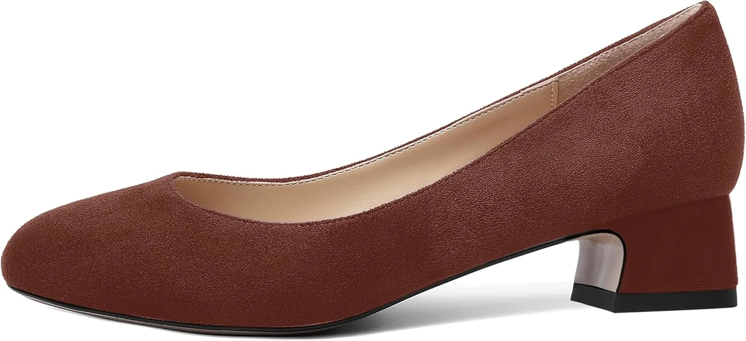SHOWFOREST Womens Dress Solid Business Suede Round Toe Slip On Chunky Low Heel Pumps Shoes 1.5 Inch
