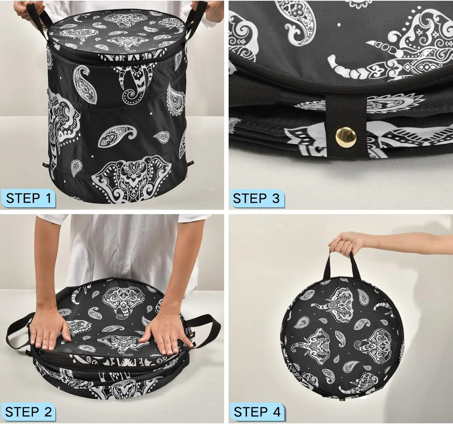 Silver White Indian Aztec Tattoo Tribal Ornament Elephants on Dark Pop Up Laundry Hamper, Collapsible Dirty Clothes Basket with Zipper Lid, Storage Bag Washing Bin for Room College Dorm Travel