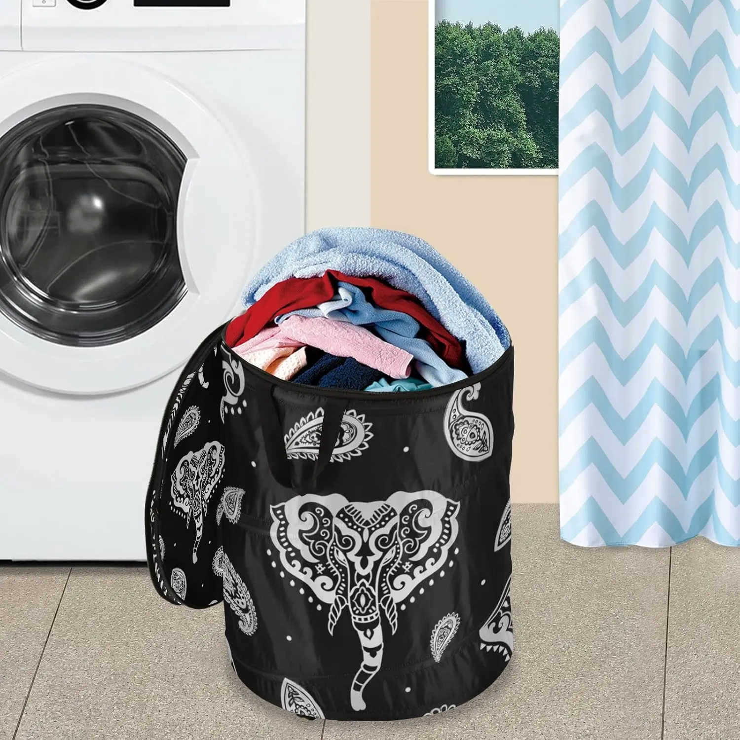 Silver White Indian Aztec Tattoo Tribal Ornament Elephants on Dark Pop Up Laundry Hamper, Collapsible Dirty Clothes Basket with Zipper Lid, Storage Bag Washing Bin for Room College Dorm Travel