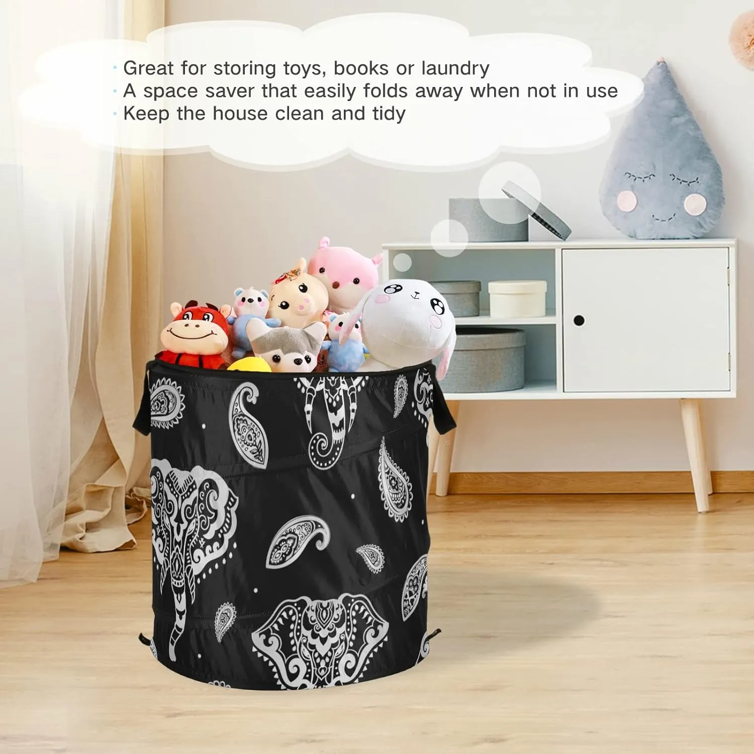 Silver White Indian Aztec Tattoo Tribal Ornament Elephants on Dark Pop Up Laundry Hamper, Collapsible Dirty Clothes Basket with Zipper Lid, Storage Bag Washing Bin for Room College Dorm Travel