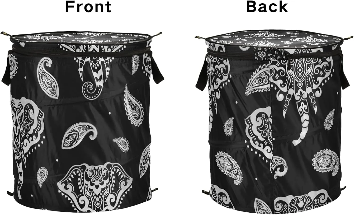 Silver White Indian Aztec Tattoo Tribal Ornament Elephants on Dark Pop Up Laundry Hamper, Collapsible Dirty Clothes Basket with Zipper Lid, Storage Bag Washing Bin for Room College Dorm Travel