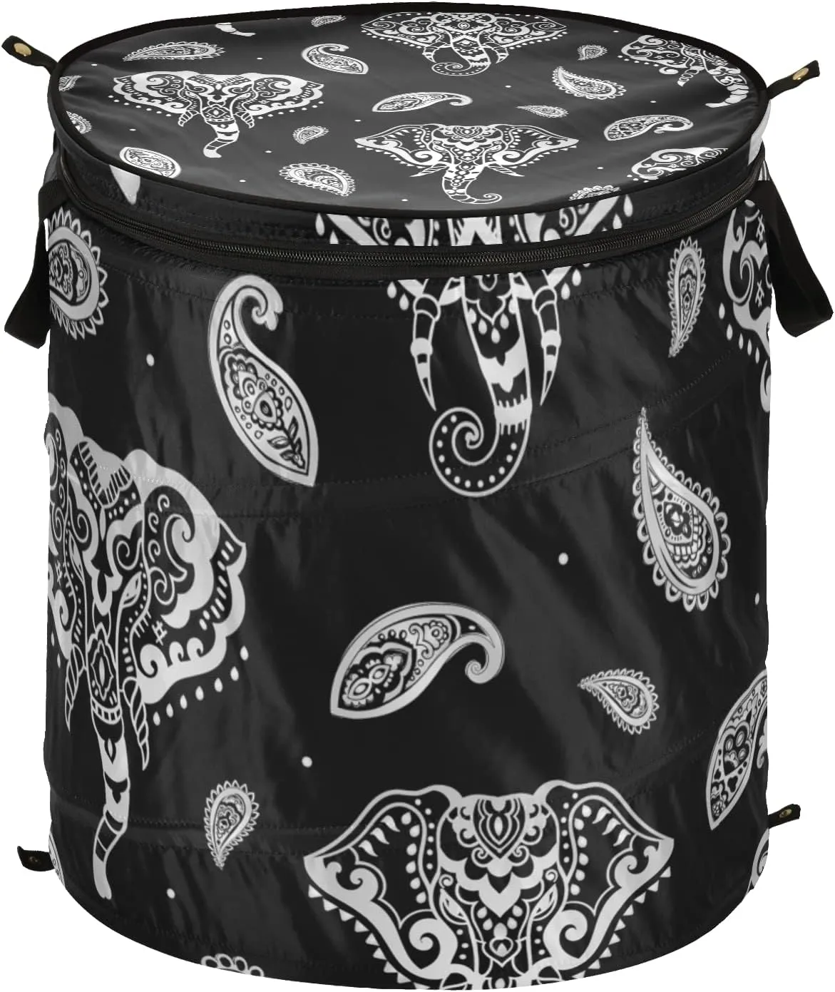 Silver White Indian Aztec Tattoo Tribal Ornament Elephants on Dark Pop Up Laundry Hamper, Collapsible Dirty Clothes Basket with Zipper Lid, Storage Bag Washing Bin for Room College Dorm Travel
